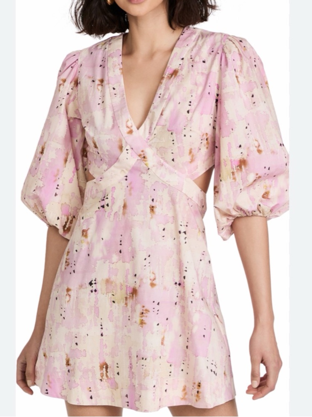 Alexis Pink Watercolor Puff-Sleeve Mini Dress